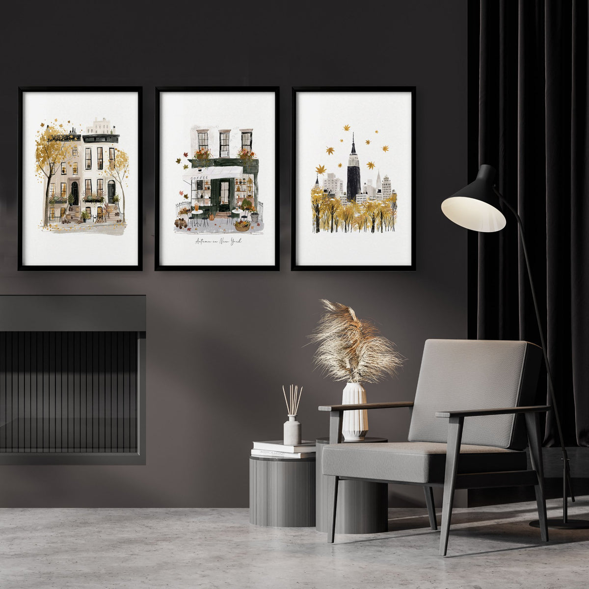 Framed New York Wall Art "Autumn in New York" Ochre Watercolour Travel wall art displayed on a wall in a styled room — view 4