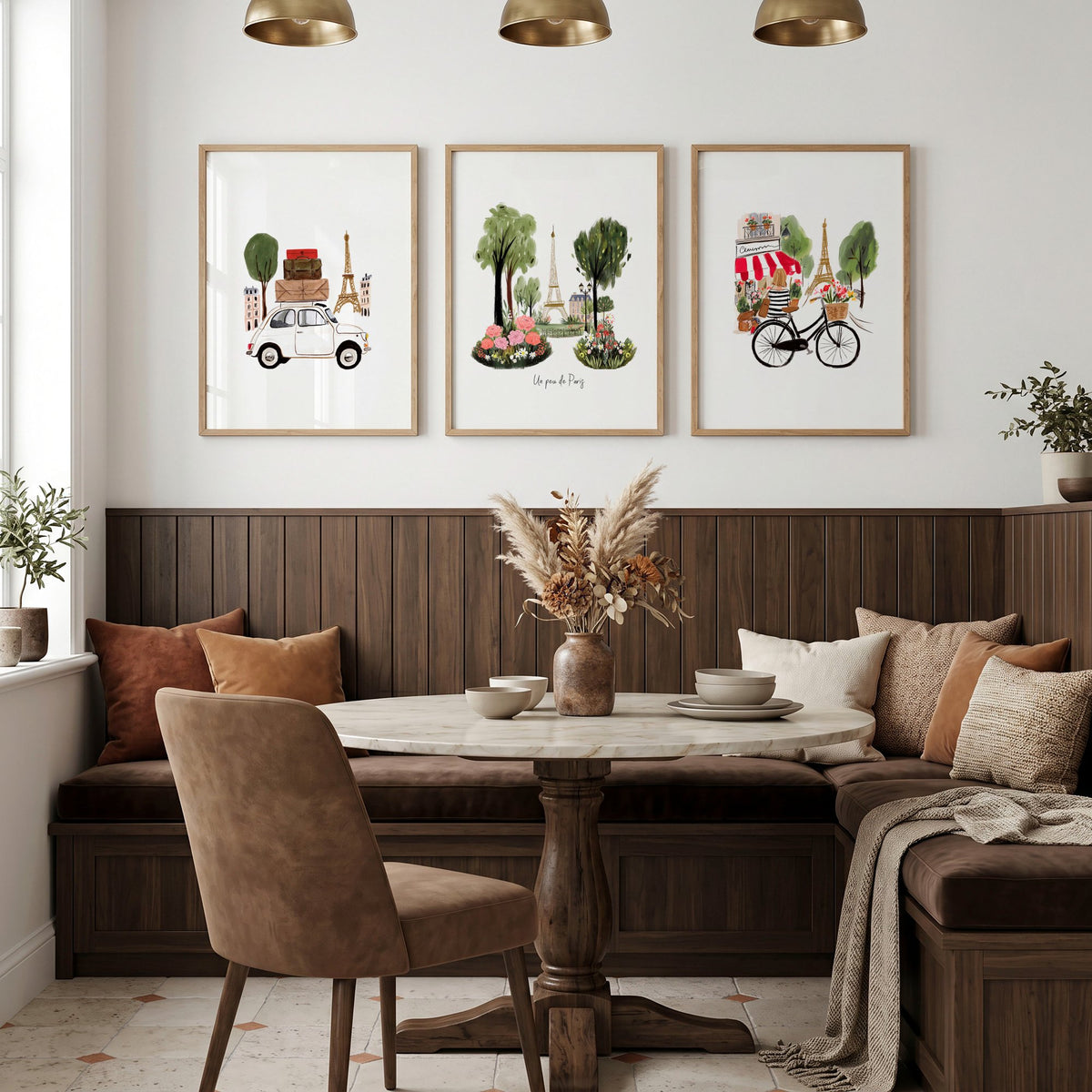 Framed Paris Wall Art "Un peu de Paris" Watercolour Eiffel Tower Travel wall art displayed on a wall in a styled room — view 3