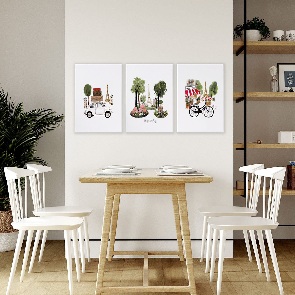 Framed Paris Wall Art "Un peu de Paris" Watercolour Eiffel Tower Travel wall art displayed on a wall in a styled room — view 5