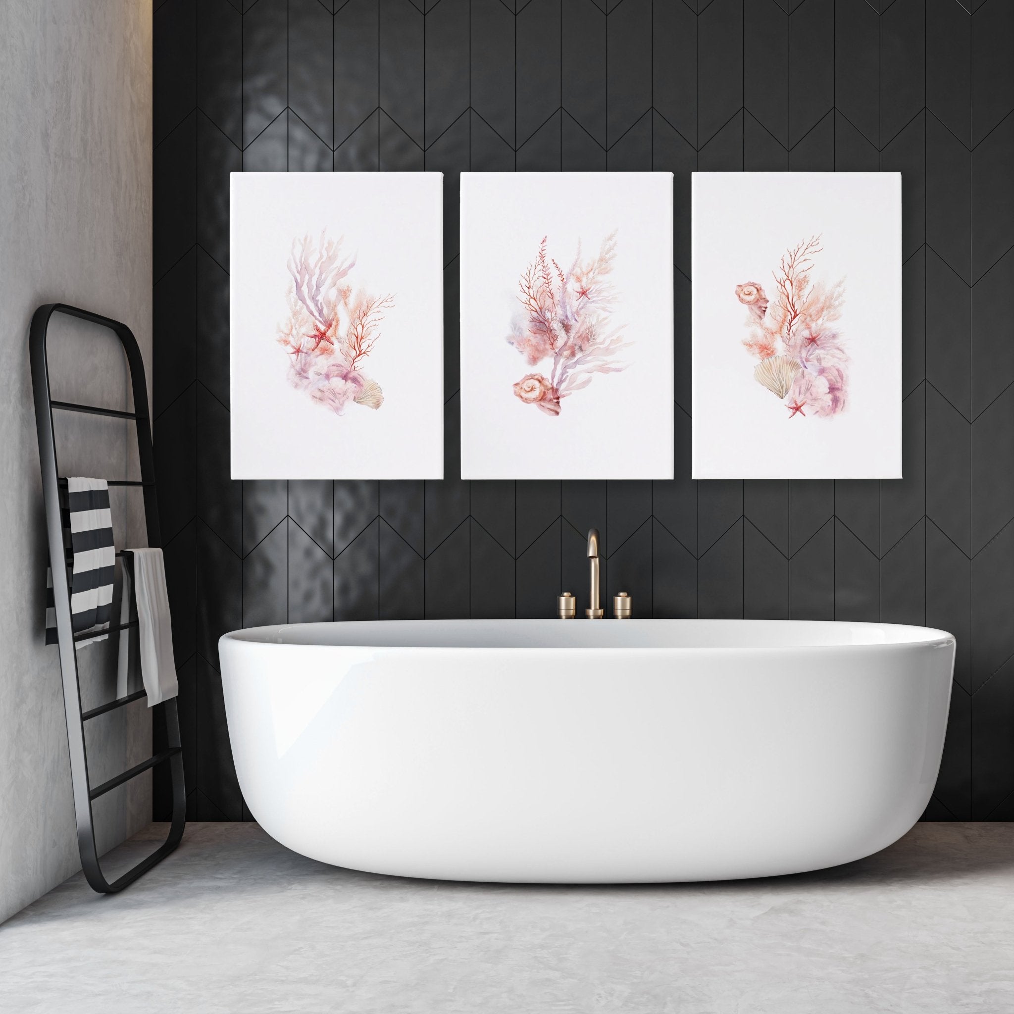 Framed Pictures For The Bathroom | Set of 3 Seashells Wall art Prints