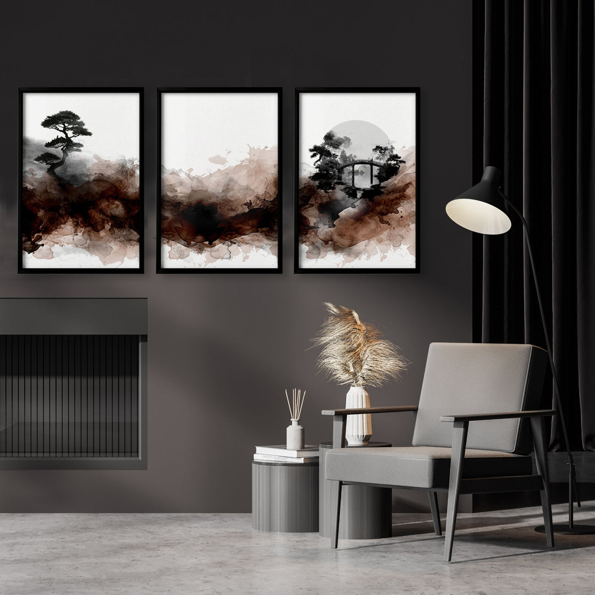 Japandi Japanese Ink Wash Landscape wall art | Bonsai, Bridge & Moon displayed on a wall in a styled room — view 2