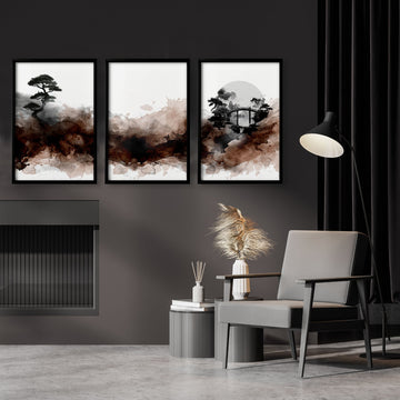 Japandi Japanese Ink Wash Landscape wall art | Bonsai, Bridge & Moon displayed on a wall in a styled room — view 2