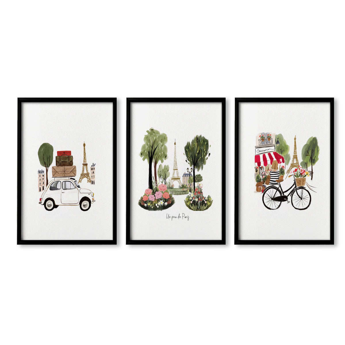 French Posters Paris Travel wall art | "Un peu de Paris" Eiffel Tower, Bicycle & Car Set of 3 in a black frame