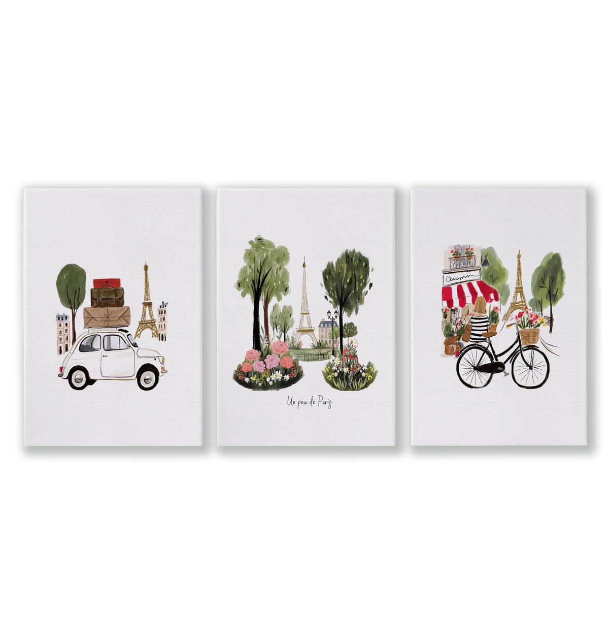 French Posters Paris Travel wall art | "Un peu de Paris" Eiffel Tower, Bicycle & Car Set of 3 as a wrapped canvas
