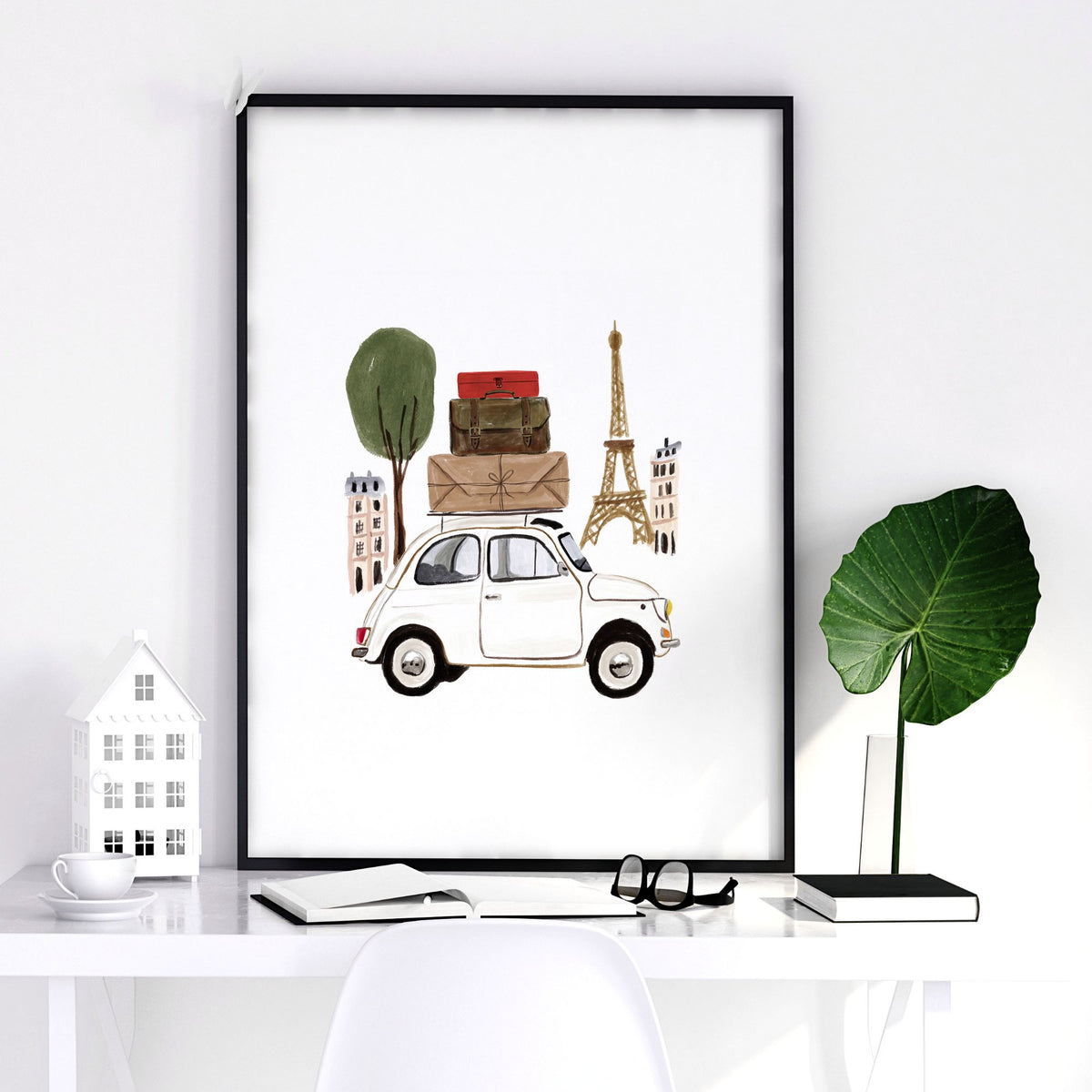 French Posters Paris Travel wall art | "Un peu de Paris" Eiffel Tower, Bicycle & Car Set of 3 — piece 1 of 3 in the set