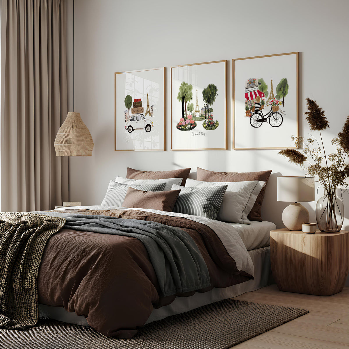French Posters Paris Travel wall art | "Un peu de Paris" Eiffel Tower, Bicycle & Car Set of 3 displayed on a wall in a styled room