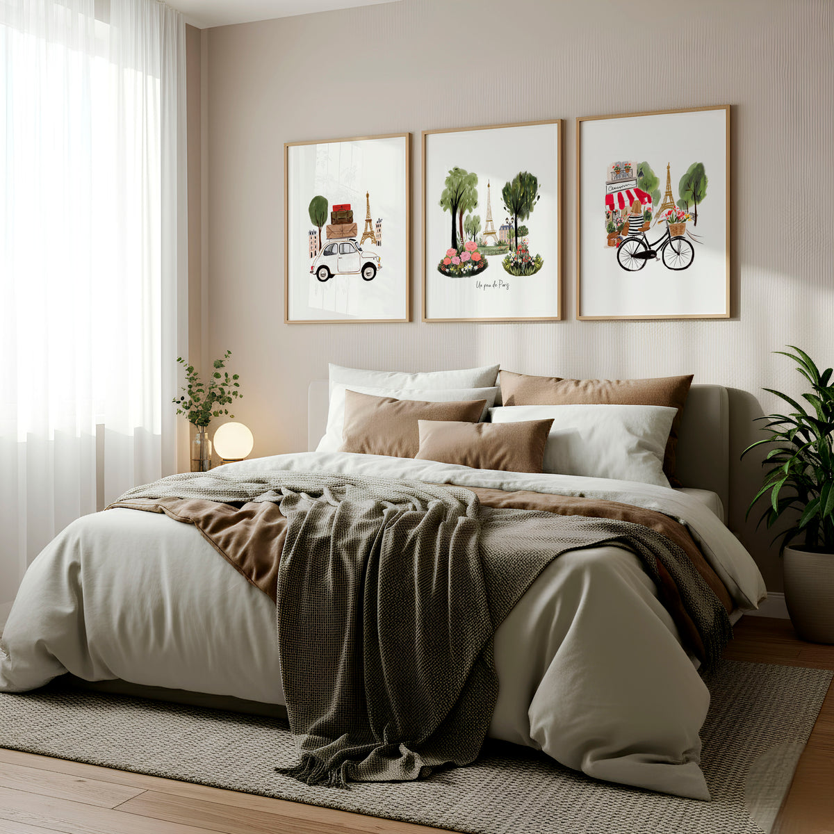 French Posters Paris Travel wall art | "Un peu de Paris" Eiffel Tower, Bicycle & Car Set of 3 displayed on a wall in a styled room — view 2
