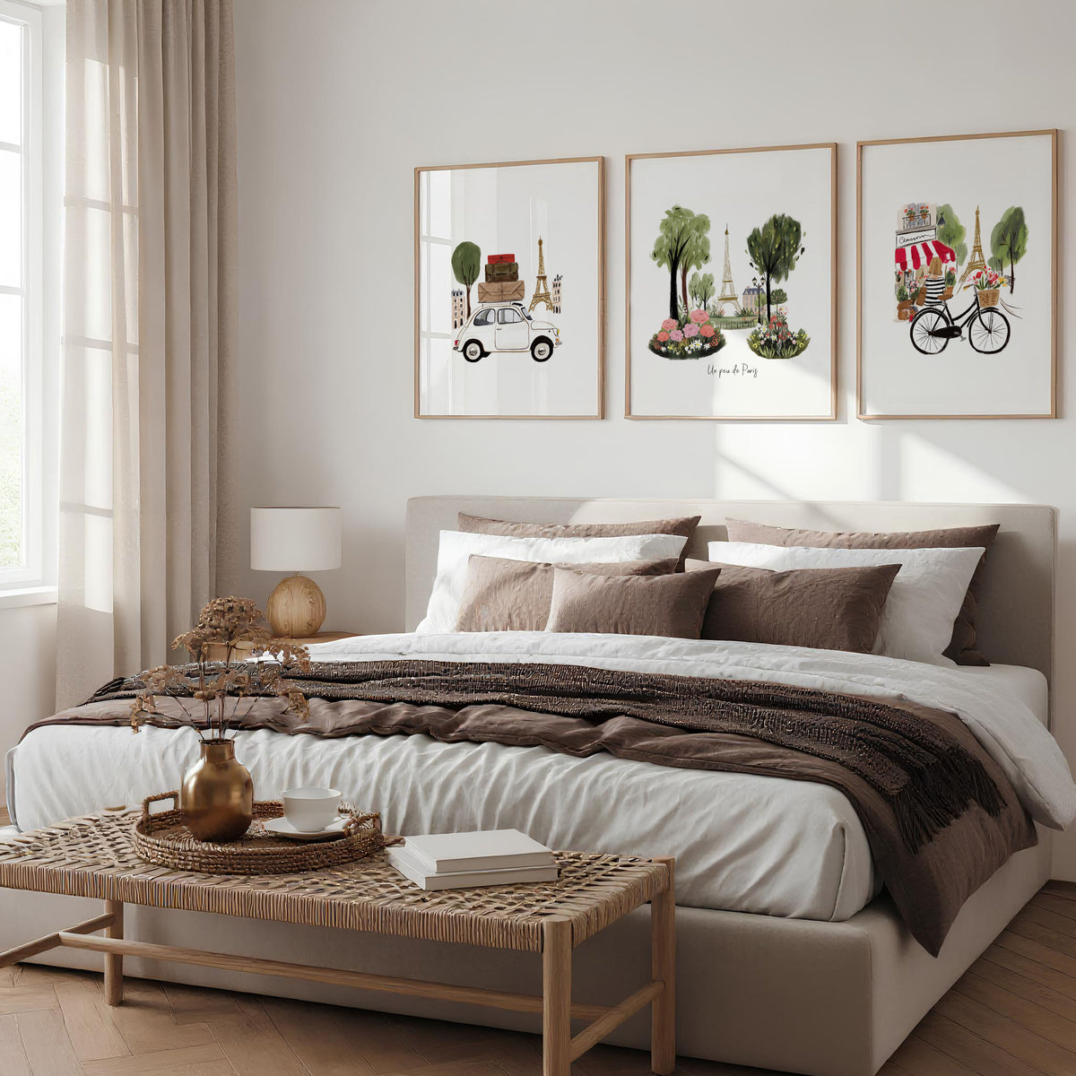 French Posters Paris Travel wall art | "Un peu de Paris" Eiffel Tower, Bicycle & Car Set of 3 displayed on a wall in a styled room — view 3