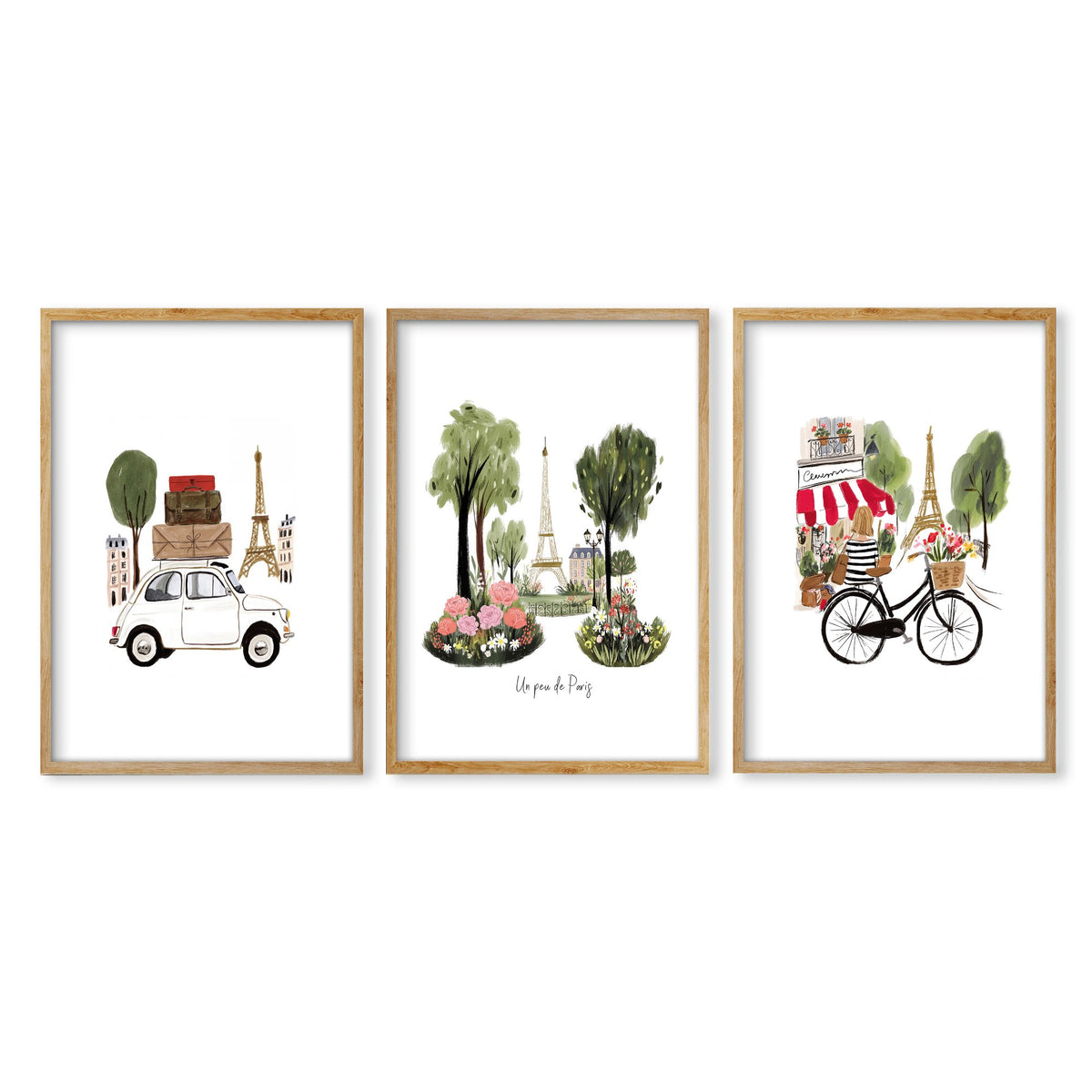 French Posters Paris Travel wall art | "Un peu de Paris" Eiffel Tower, Bicycle & Car Set of 3 in an oak frame