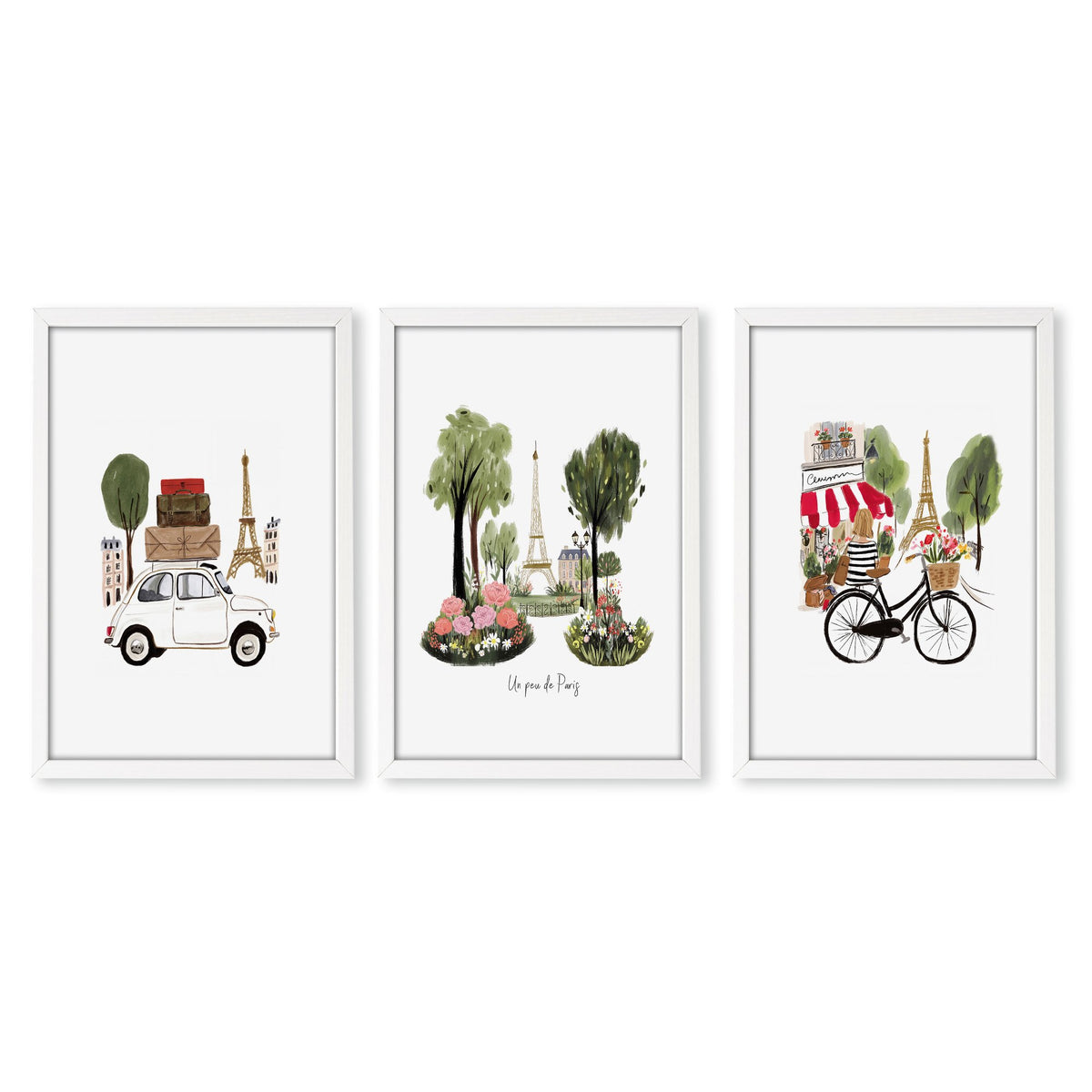 French Posters Paris Travel wall art | "Un peu de Paris" Eiffel Tower, Bicycle & Car Set of 3 in a white frame
