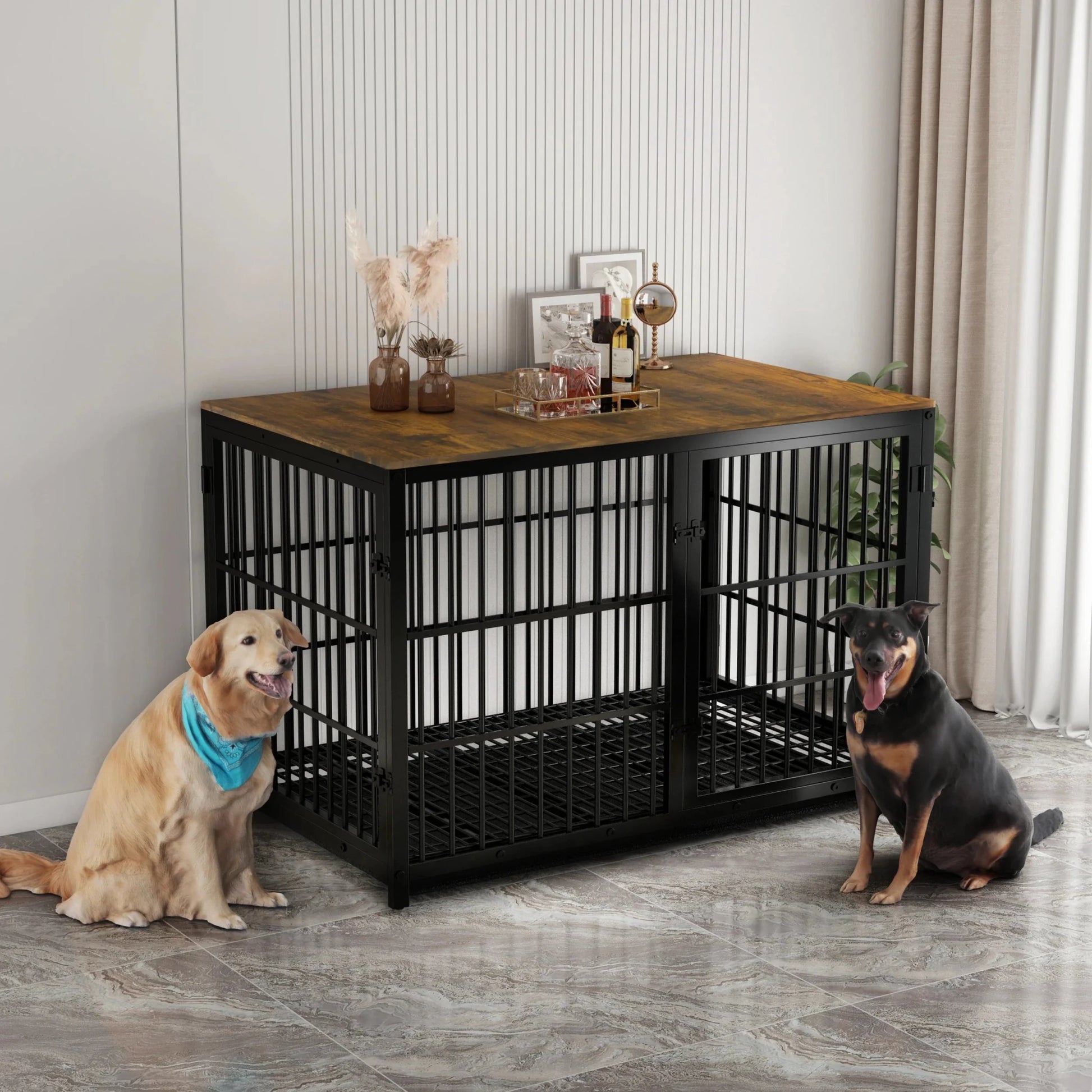 Furniture Style Dog Cage XXL Wooden Pet Kennel End Side Table with Tray and 3 Doors for Medium to Large Dogs