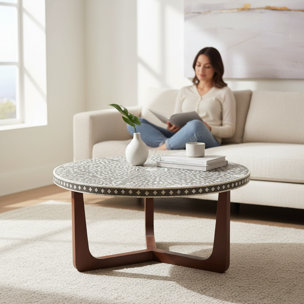 Fusion Mother of Pearl Design Round Coffee Table
