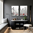 Games Room Wall Art London Skyline Black White Red Bus Street Scene displayed on a wall in a styled room