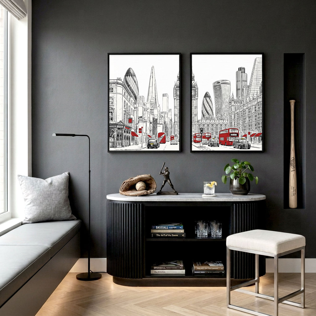 Games Room Wall Art London Skyline Black White Red Bus Street Scene displayed on a wall in a styled room