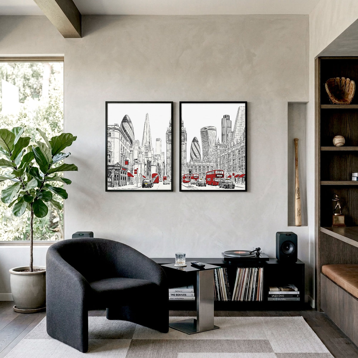 Games Room Wall Art London Skyline Black White Red Bus Street Scene displayed on a wall in a styled room — view 3