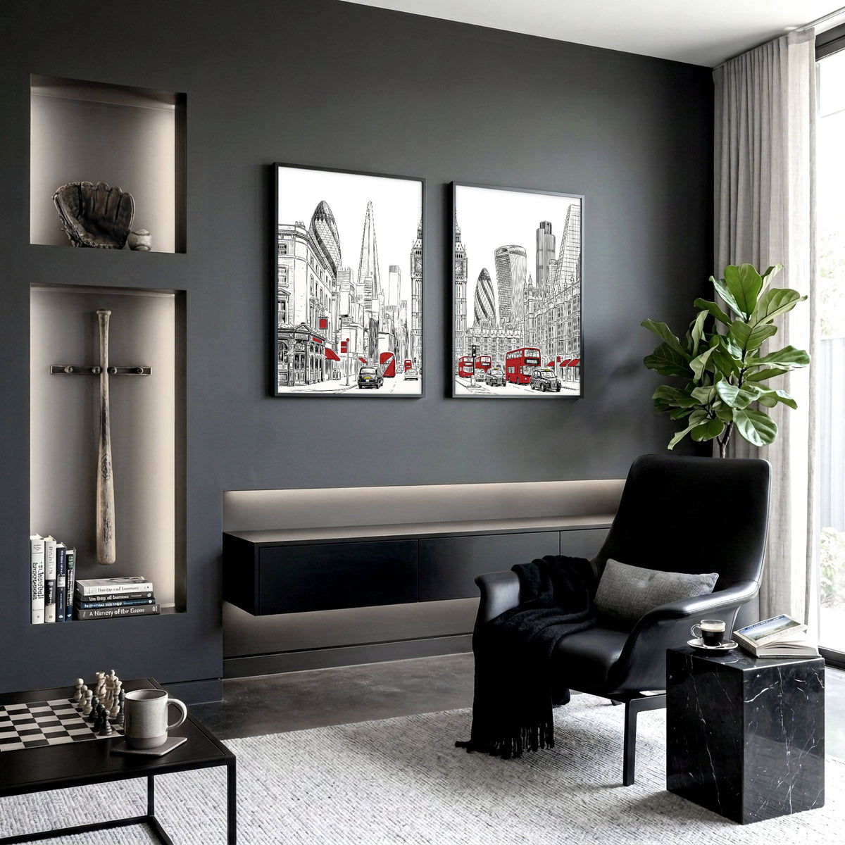 Games Room Wall Art London Skyline Black White Red Bus Street Scene displayed on a wall in a styled room — view 4