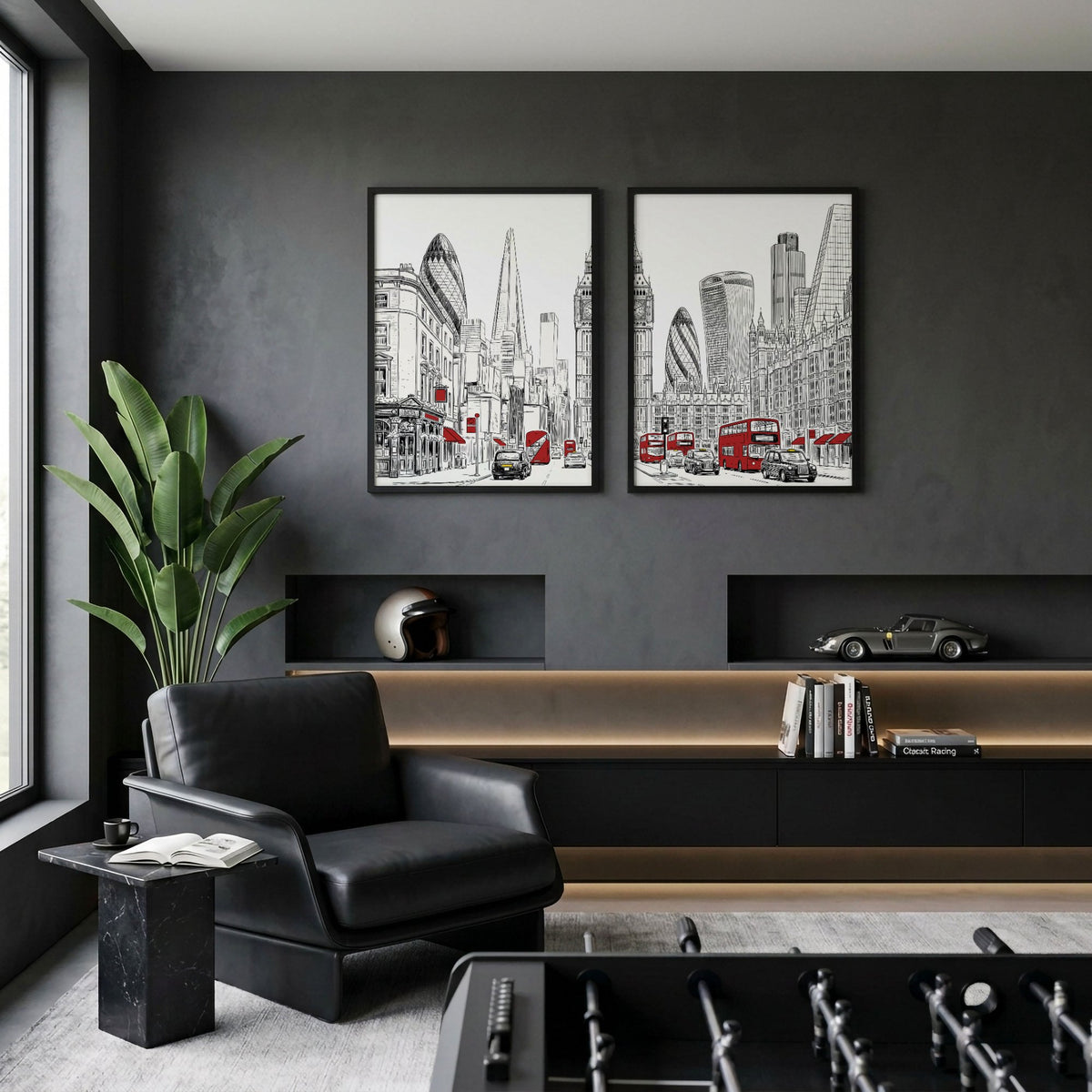 Games Room Wall Art London Skyline Black White Red Bus Street Scene displayed on a wall in a styled room — view 5