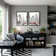 Games Room Wall Art London Skyline Black White Red Bus Street Scene displayed on a wall in a styled room — view 6