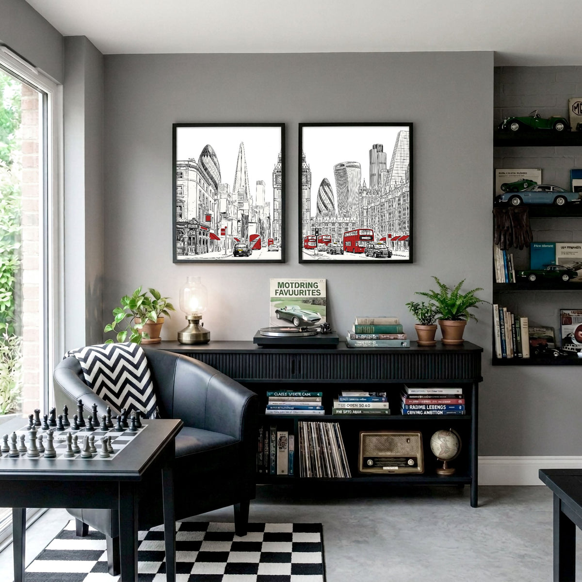 Games Room Wall Art London Skyline Black White Red Bus Street Scene displayed on a wall in a styled room — view 6