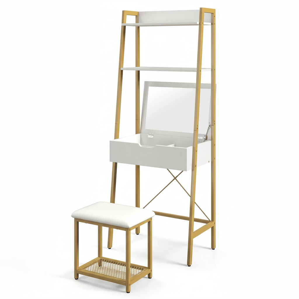 GOFLAME Vanity Table Set with Flip Top Mirror and Cushioned Stool, Ladder Makeup Vanity with 2 Shelves
