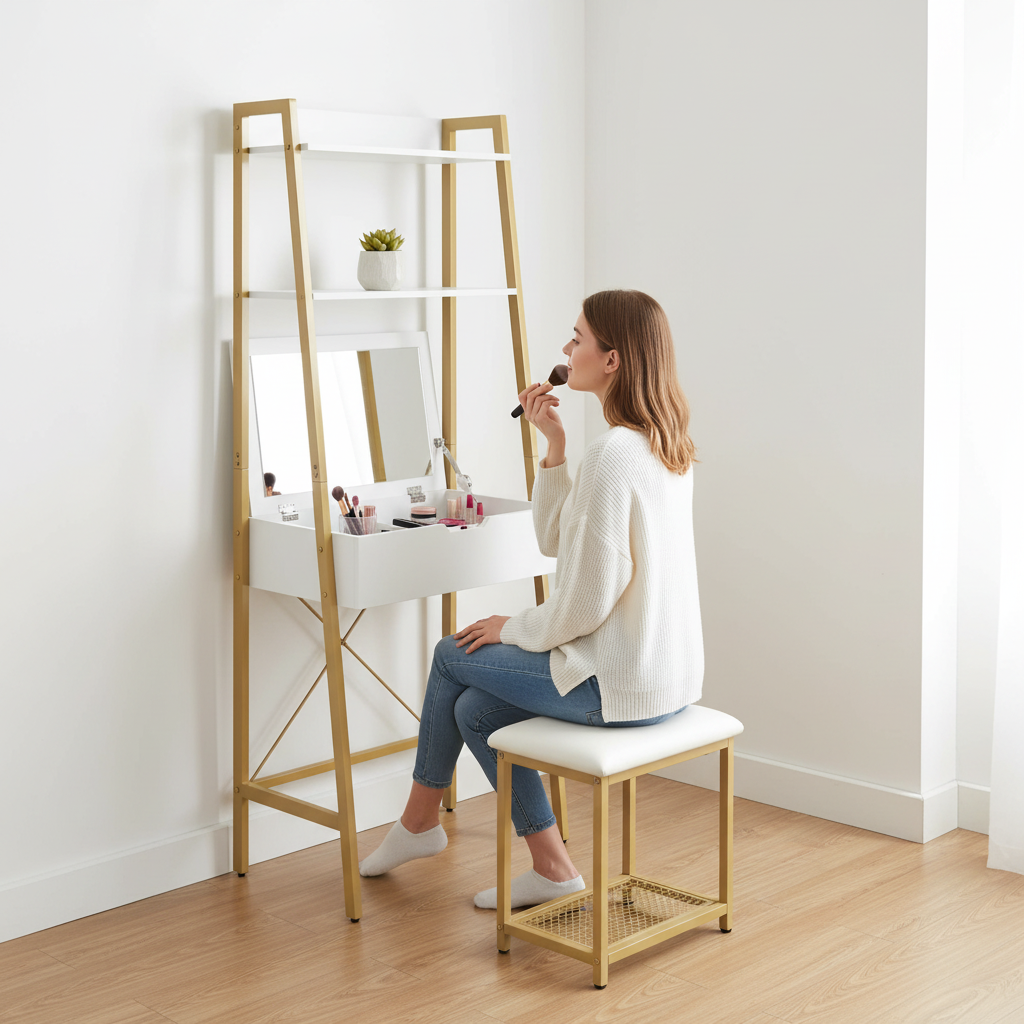 GOFLAME Vanity Table Set with Flip Top Mirror and Cushioned Stool, Ladder Makeup Vanity with 2 Shelves