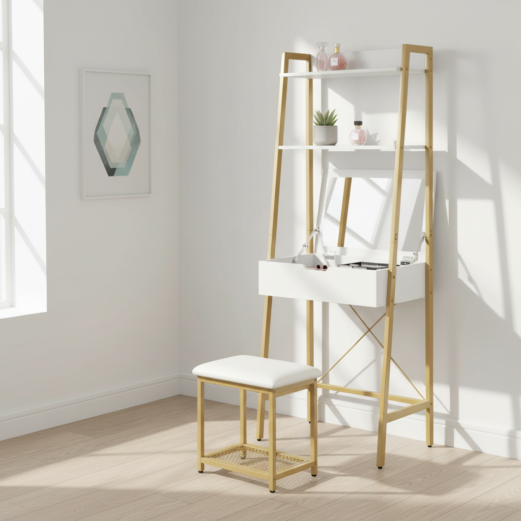 GOFLAME Vanity Table Set with Flip Top Mirror and Cushioned Stool, Ladder Makeup Vanity with 2 Shelves