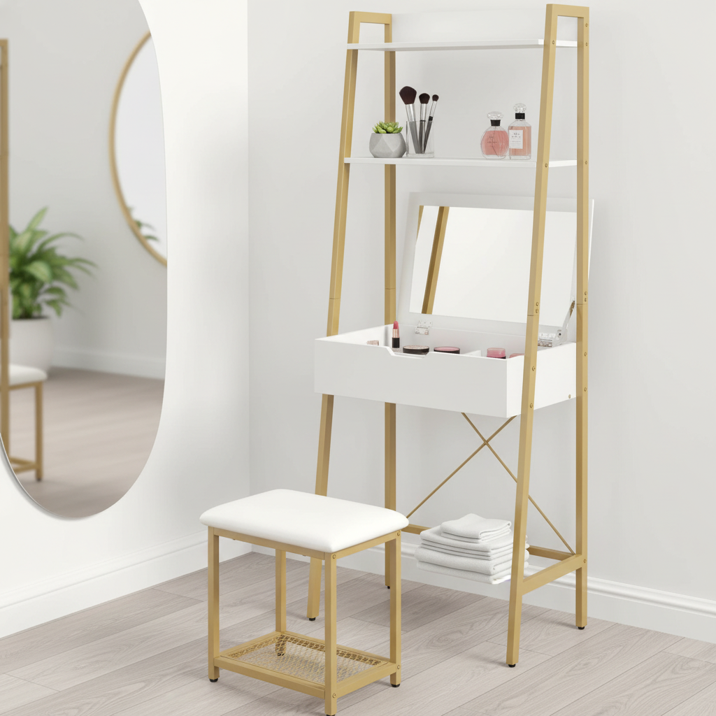 GOFLAME Vanity Table Set with Flip Top Mirror and Cushioned Stool, Ladder Makeup Vanity with 2 Shelves
