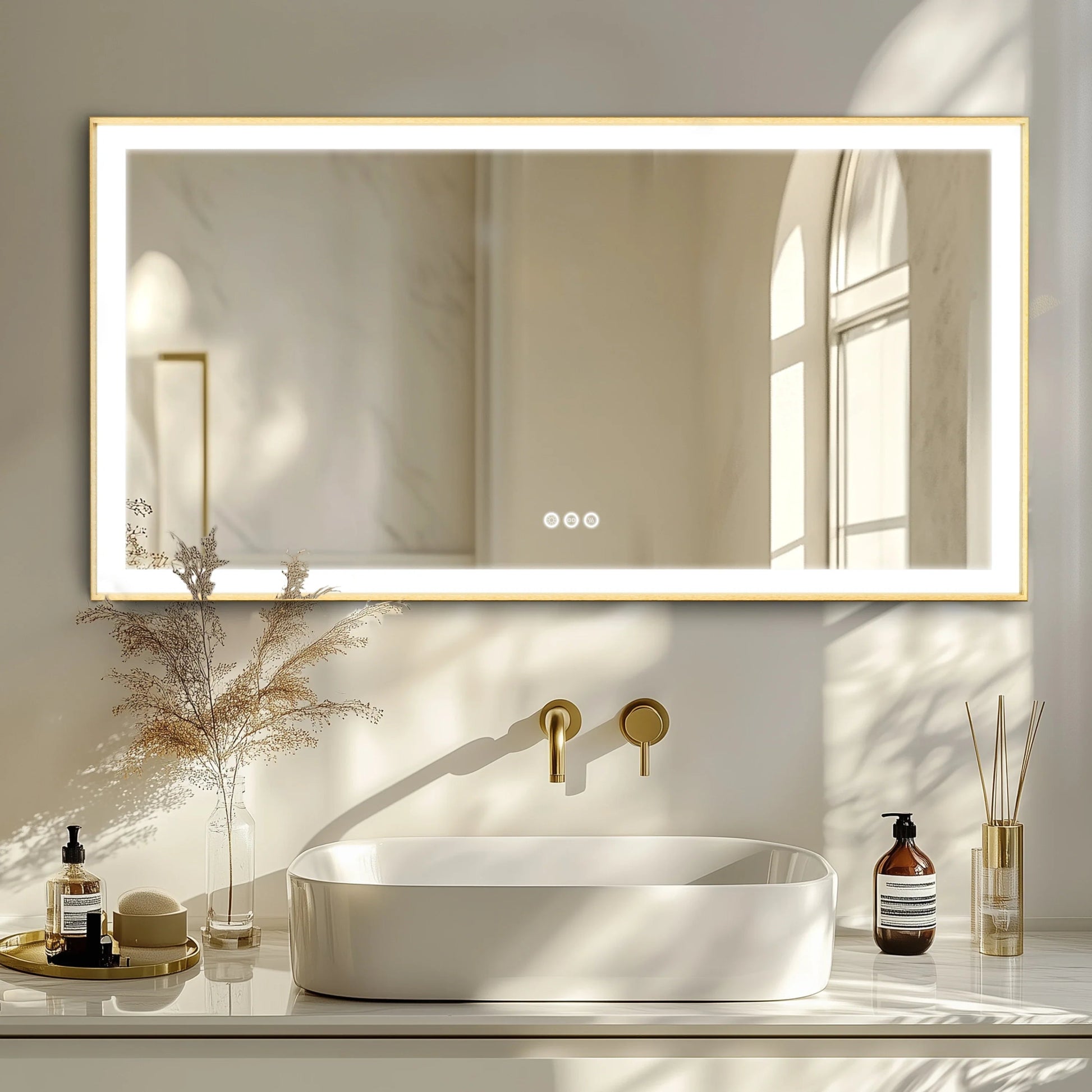 Gold Lighted Bathroom Mirror Rectangular Large LED Lighted Bathroom Mirror Gold Aluminum Frame with Front - lit Adjustable