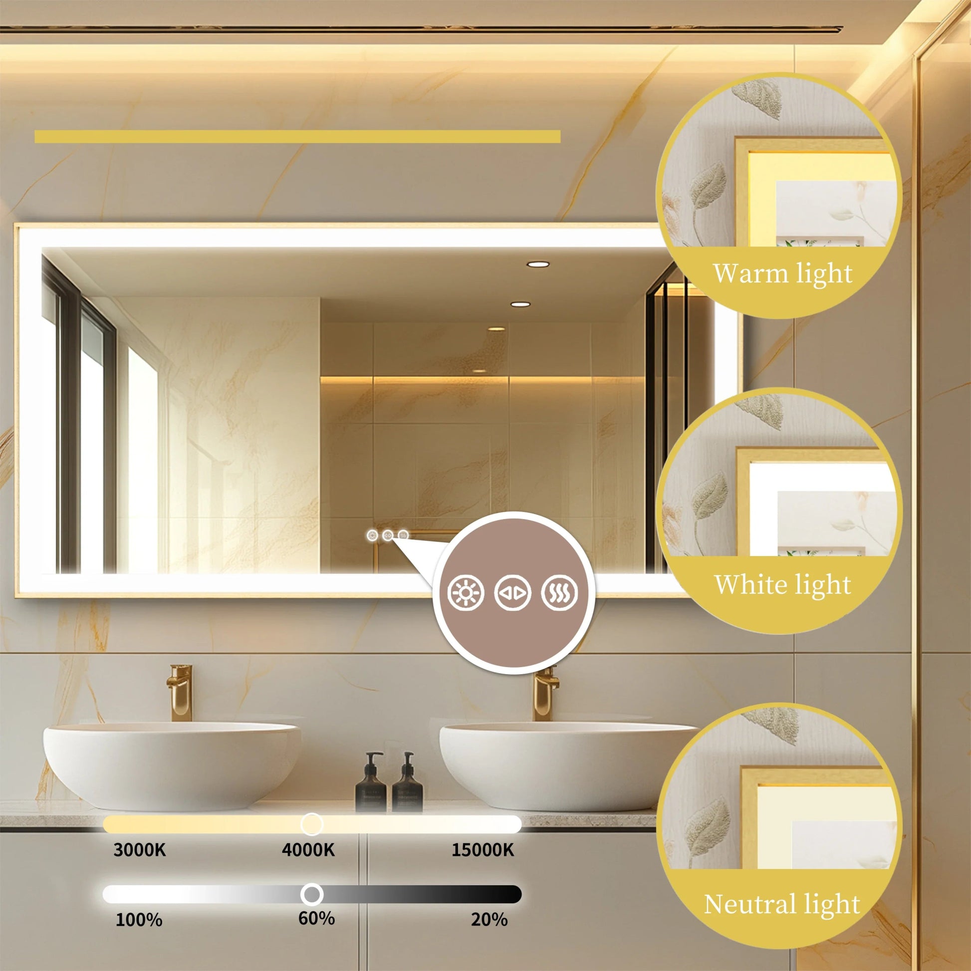 Gold Lighted Bathroom Mirror Rectangular Large LED Lighted Bathroom Mirror Gold Aluminum Frame with Front - lit Adjustable