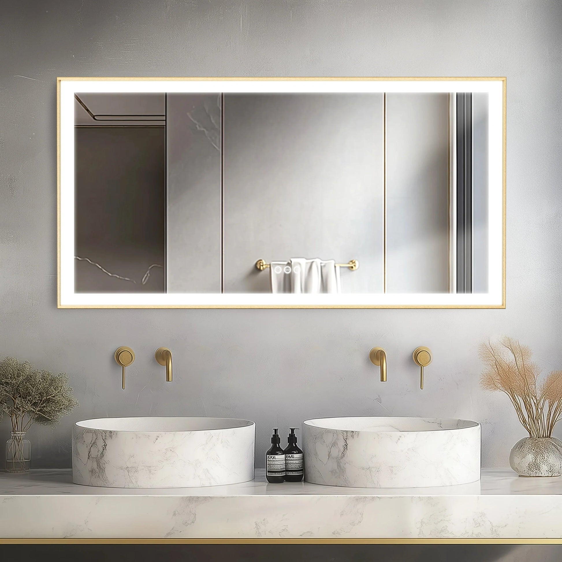 Gold Lighted Bathroom Mirror Rectangular Large LED Lighted Bathroom Mirror Gold Aluminum Frame with Front - lit Adjustable