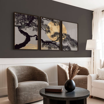 Gold Wall Art Japanese Pine Moon Japandi Art wall art displayed on a wall in a styled room