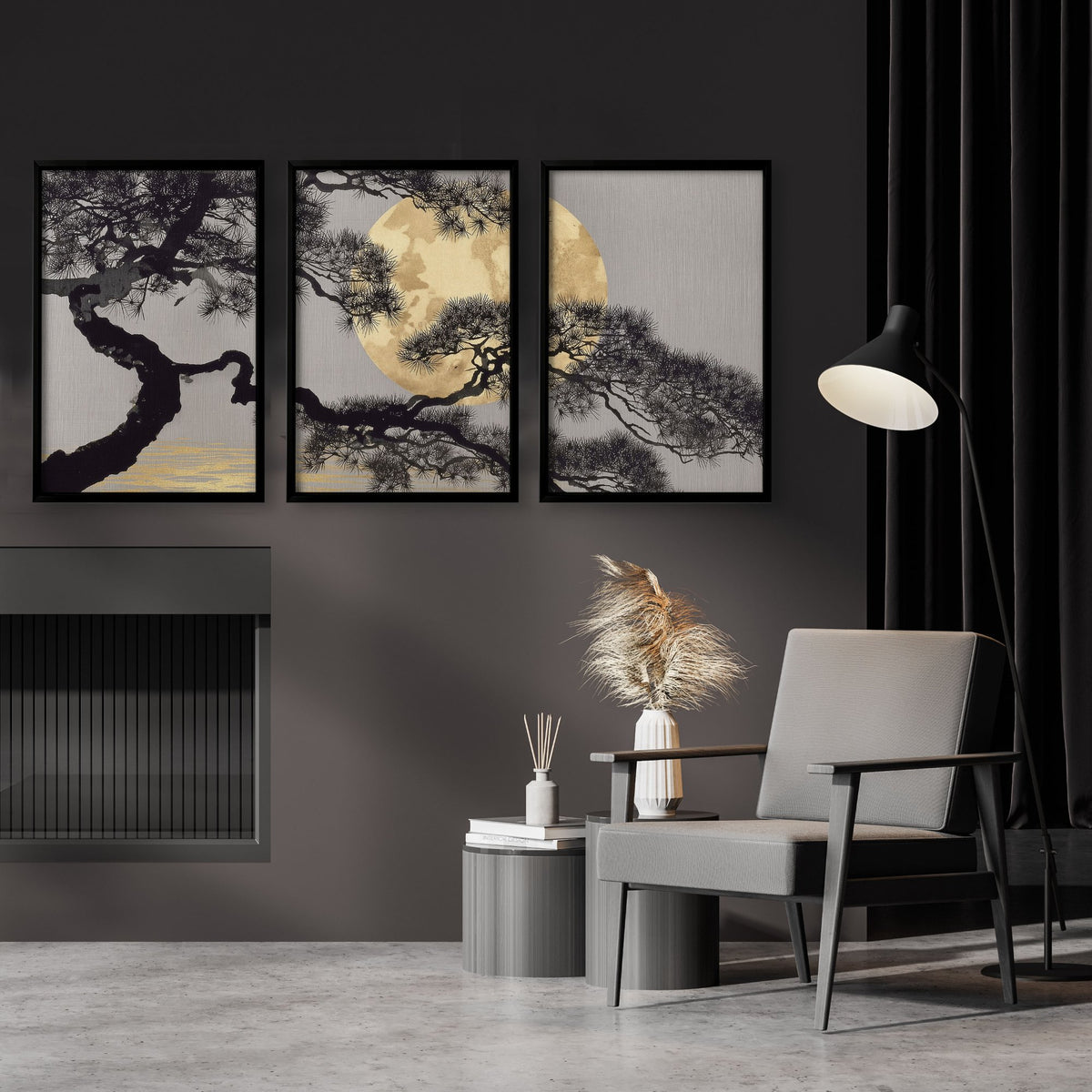 Gold Wall Art Japanese Pine Moon Japandi Art wall art displayed on a wall in a styled room — view 2