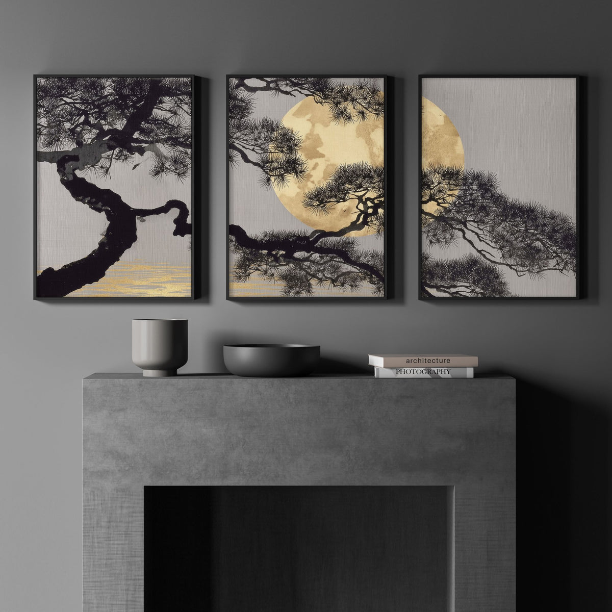 Gold Wall Art Japanese Pine Moon Japandi Art wall art displayed on a wall in a styled room — view 3
