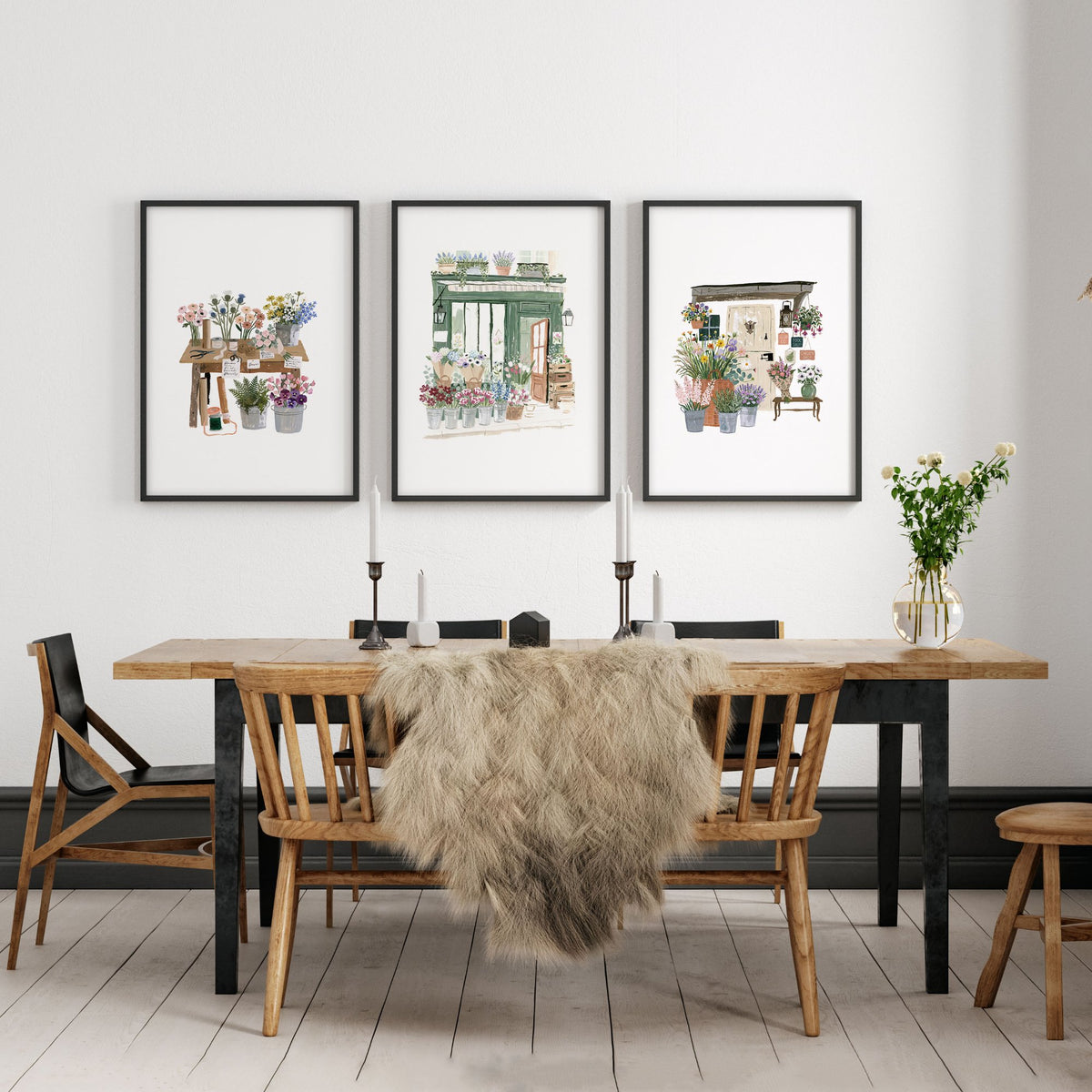 Green Art Cottage Flower Shop wall art displayed on a wall in a styled room — view 3
