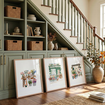 Green Canvas Wall Art Cottage Flower Shop Floral Illustrations displayed on a wall in a styled room — view 2