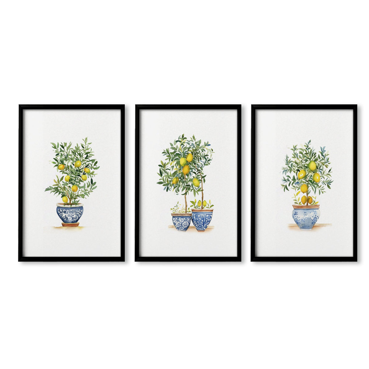Green Wall Art French Country Lemon Tree Watercolour wall art in a black frame