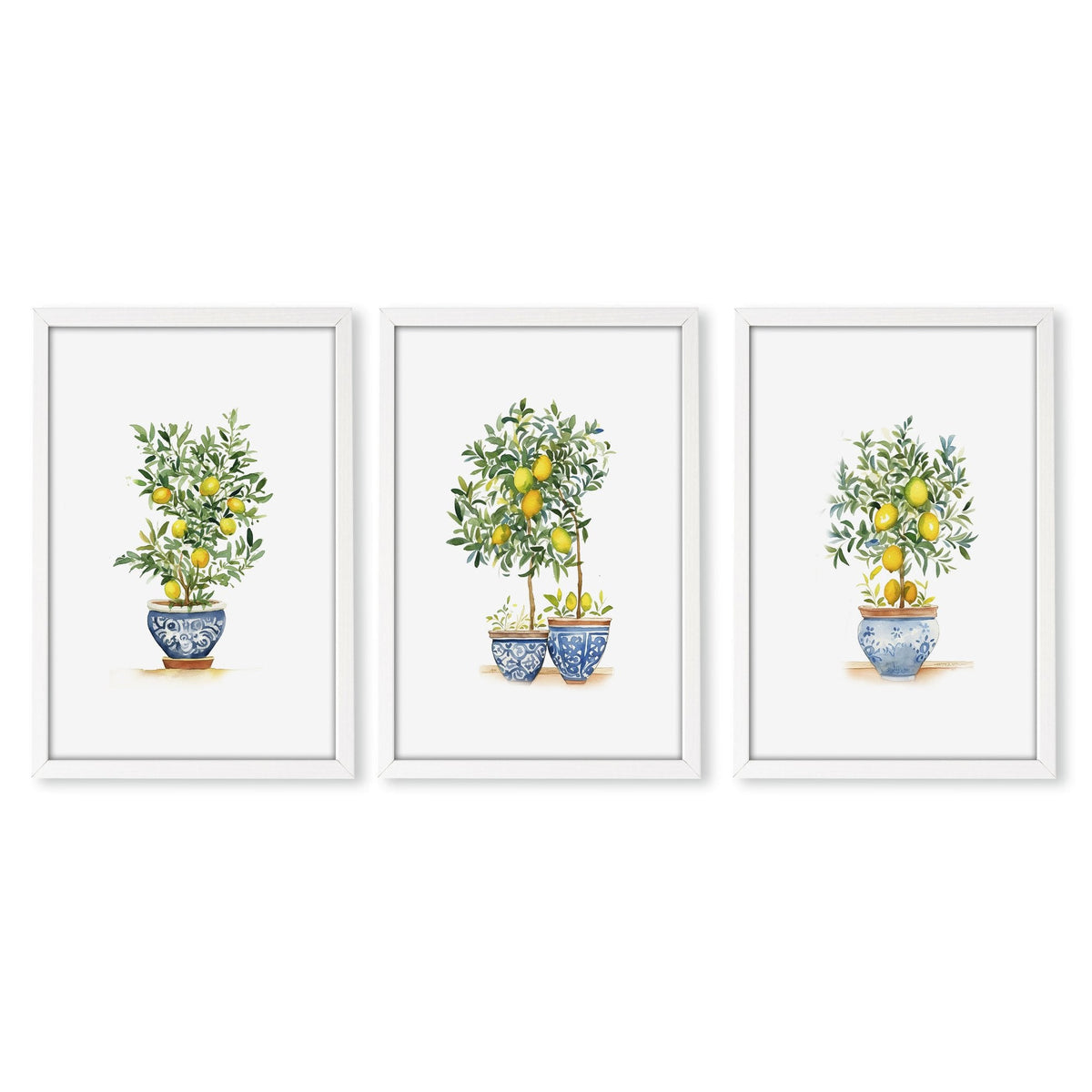 Green Wall Art French Country Lemon Tree Watercolour Prints | Set of 3