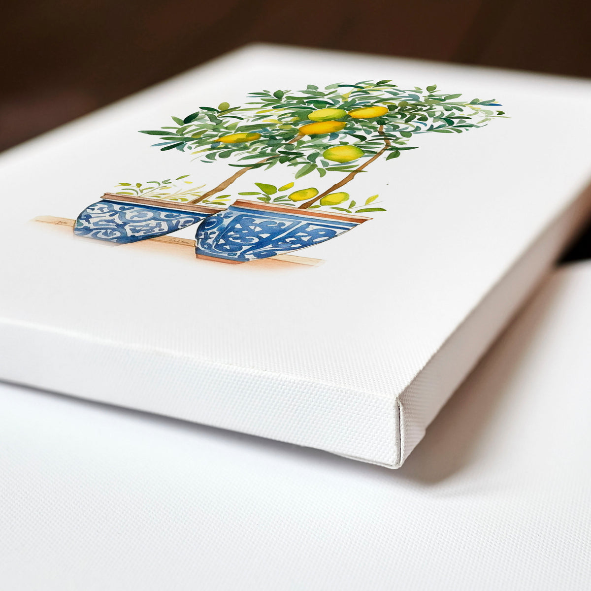 Green Wall Art French Country Lemon Tree Watercolour wall art displayed on a wall in a styled room