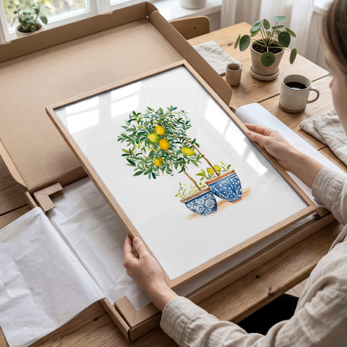 Green Wall Art French Country Lemon Tree Watercolour wall art displayed on a wall in a styled room — view 10