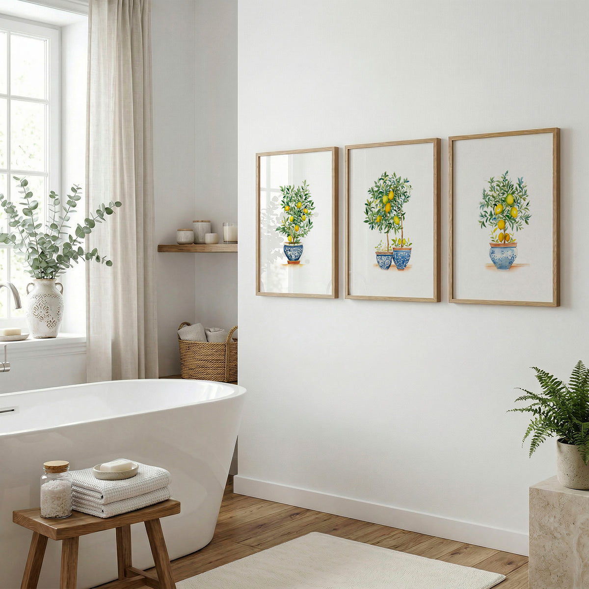 Green Wall Art French Country Lemon Tree Watercolour wall art displayed on a wall in a styled room — view 2