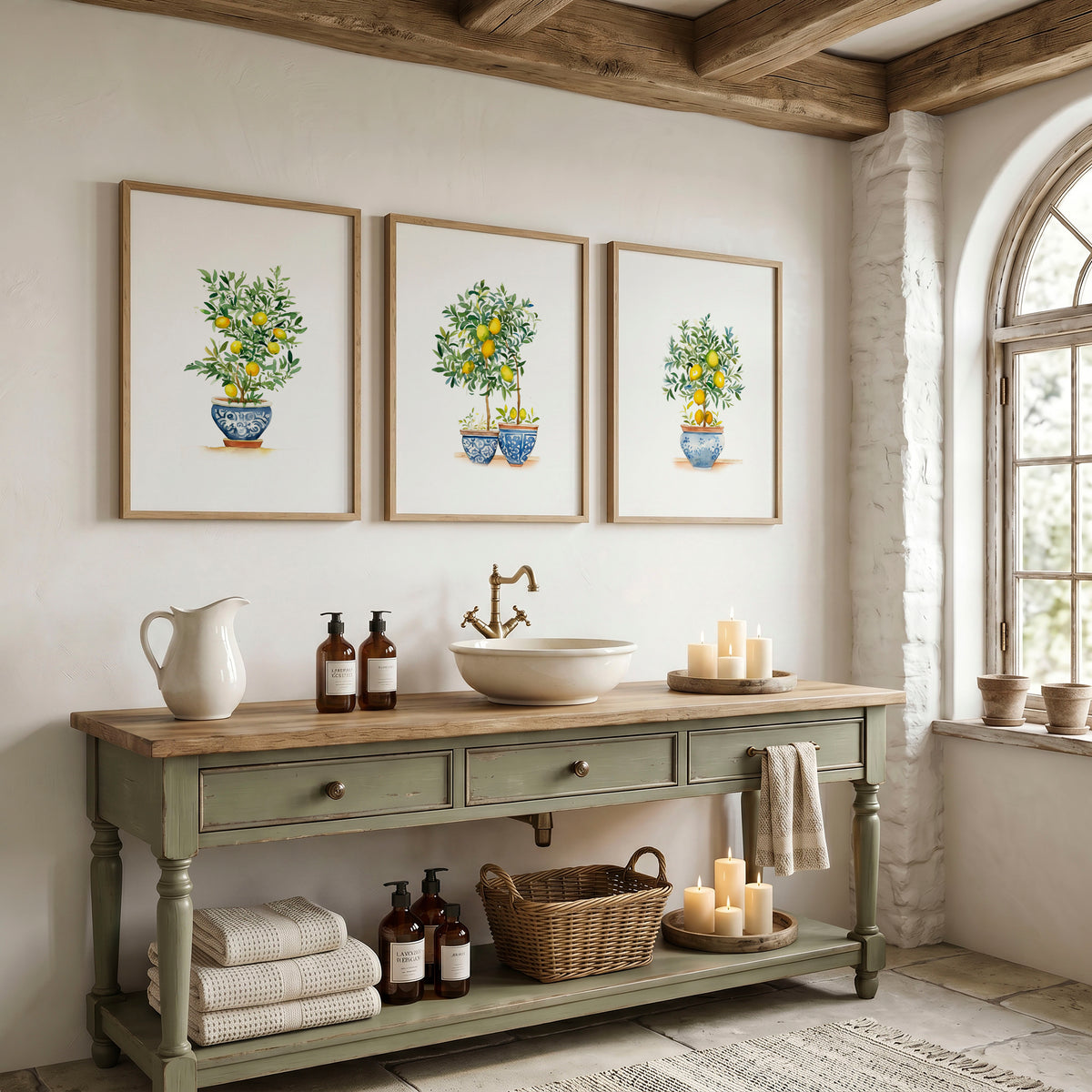 Green Wall Art French Country Lemon Tree Watercolour wall art displayed on a wall in a styled room — view 6