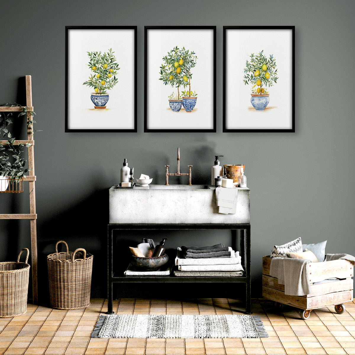 Green Wall Art French Country Lemon Tree Watercolour wall art displayed on a wall in a styled room — view 7
