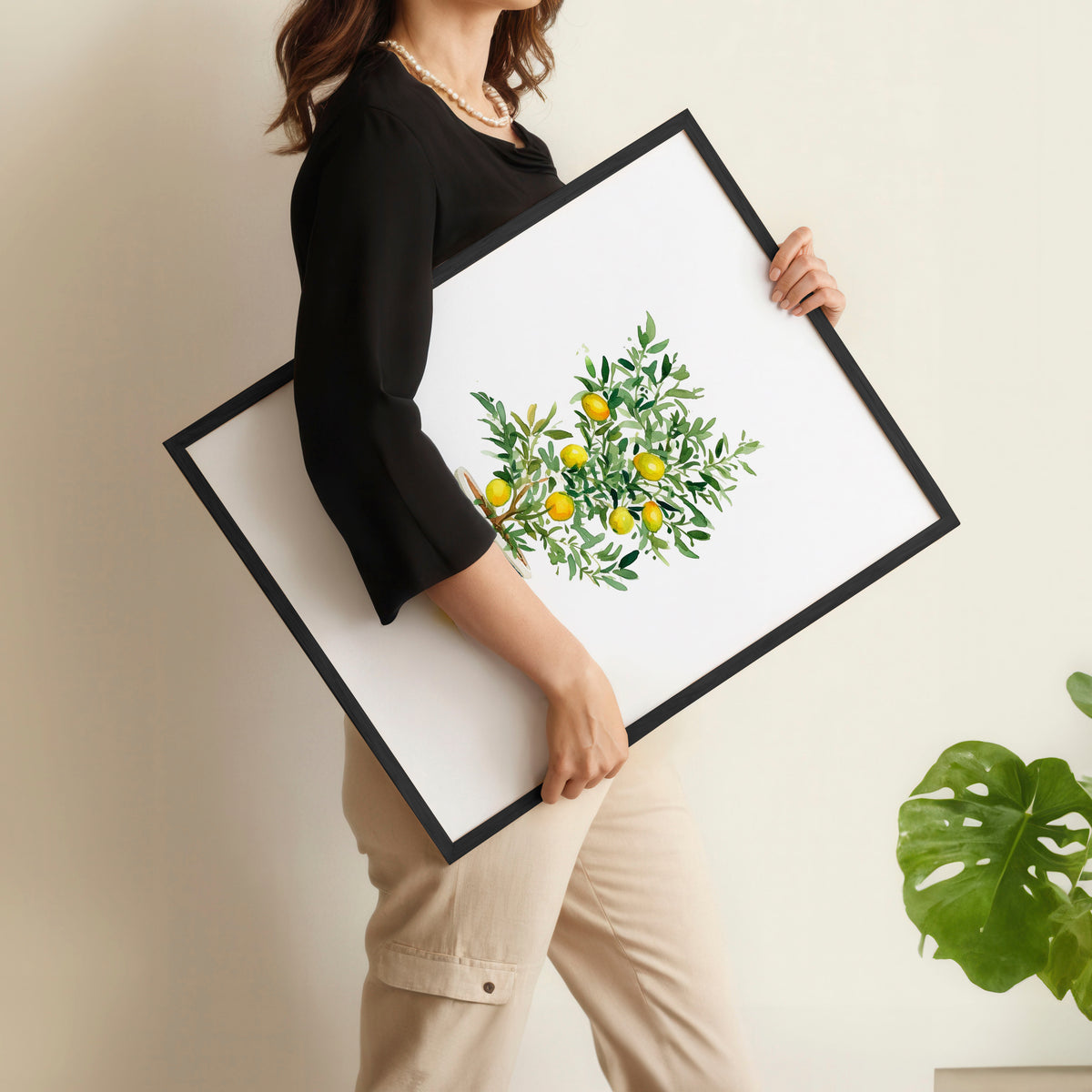 Green Wall Art French Country Lemon Tree Watercolour wall art displayed on a wall in a styled room — view 9
