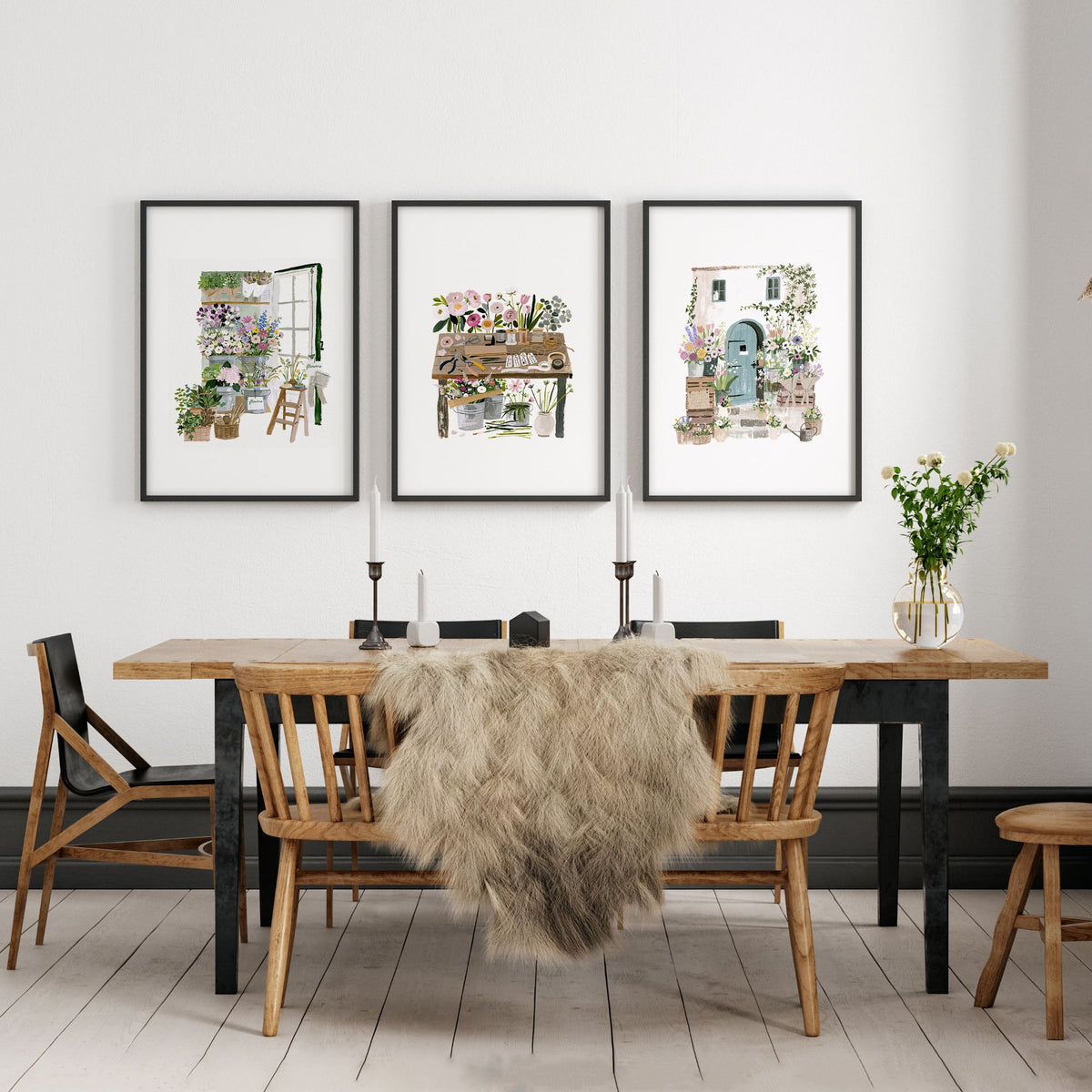 Green Wall Canvas Art Cottage Flower Shop Illustration wall art displayed on a wall in a styled room — view 4