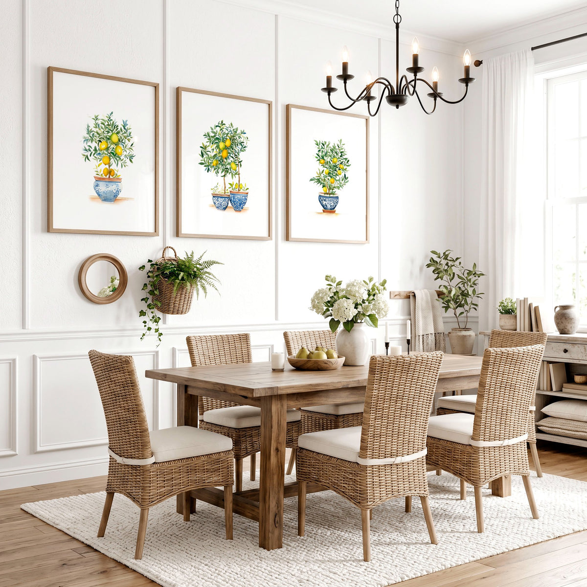 Green Wall wall art French Country Lemon Tree Watercolour Art displayed on a wall in a styled room
