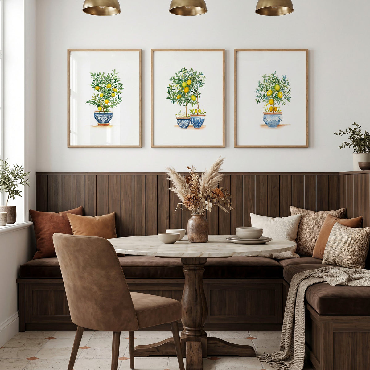 Green Wall wall art French Country Lemon Tree Watercolour Art displayed on a wall in a styled room — view 6