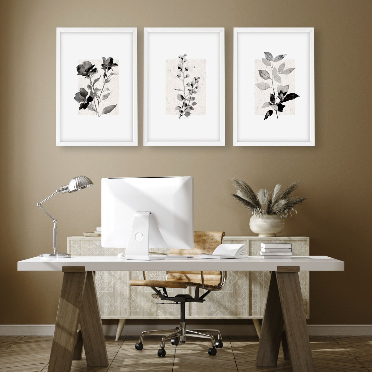 Grey Wall Hanging French Country Botanical Floral & Leaf Art wall art displayed on a wall in a styled room — view 2