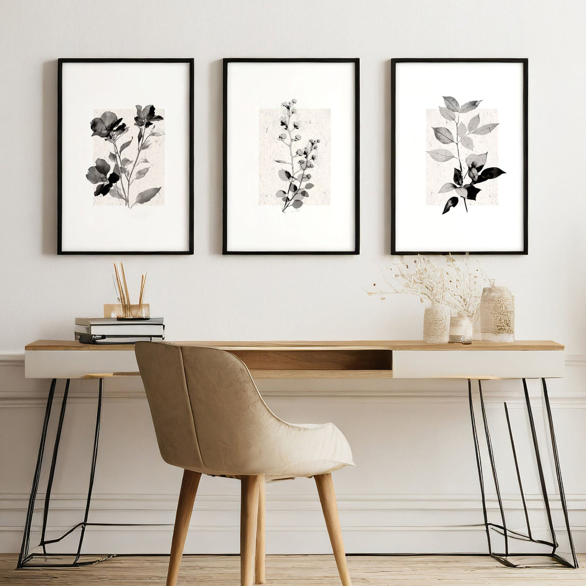Grey Wall Hanging French Country Botanical Floral & Leaf Art wall art displayed on a wall in a styled room — view 3
