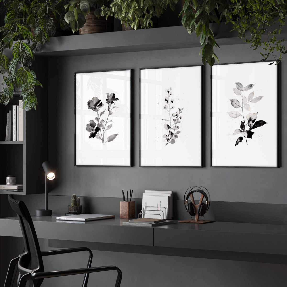 Grey Wall Hanging French Country Botanical Floral & Leaf Art wall art displayed on a wall in a styled room — view 5