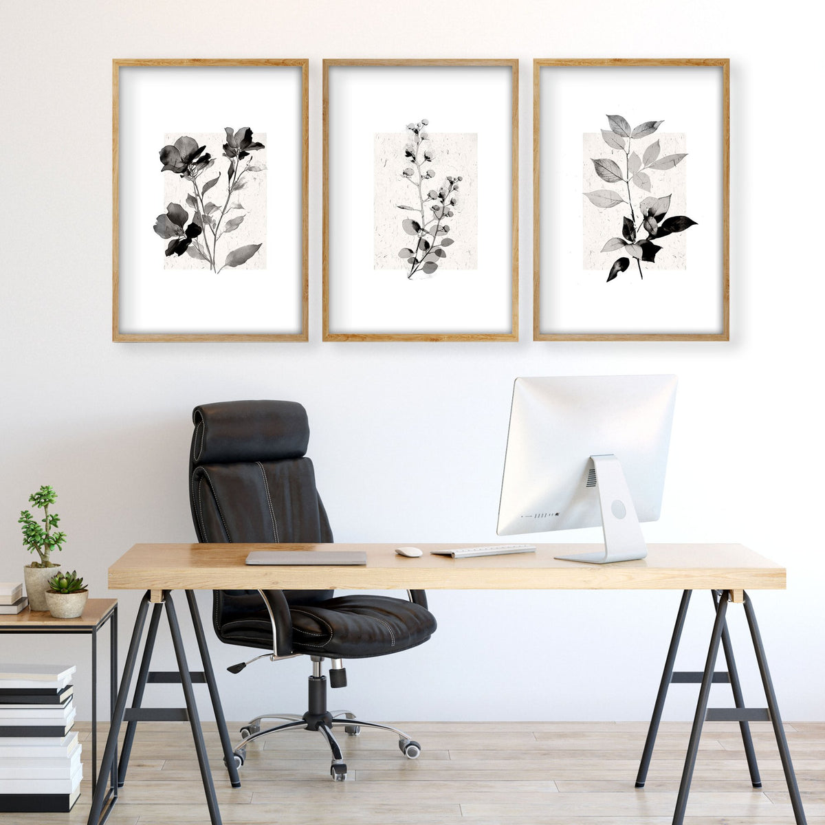 Grey Wall Hanging French Country Botanical Floral & Leaf Art wall art displayed on a wall in a styled room — view 6